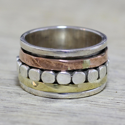 Sterling silver meditation spinner ring, 'Paved Road' - Sterling Silver Copper and Brass Spinner Ring from India