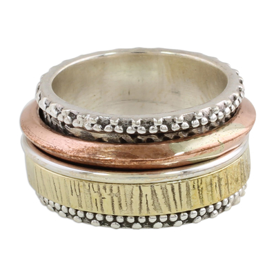 Sterling silver meditation spinner ring, 'Tri-Tone Meditation' - Sterling Silver Copper and Brass Textured Spinner Ring