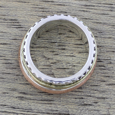 Sterling silver meditation spinner ring, 'Tri-Tone Meditation' - Sterling Silver Copper and Brass Textured Spinner Ring