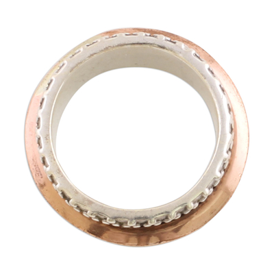 Sterling silver meditation spinner ring, 'Tri-Tone Meditation' - Sterling Silver Copper and Brass Textured Spinner Ring