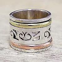 Sterling silver meditation spinner ring, 'Spinning Clouds' - Sterling Silver Copper and Brass Indian Spiral Spinner Ring