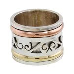 Sterling silver meditation spinner ring, 'Spinning Clouds' - Sterling Silver Copper and Brass Indian Spiral Spinner Ring