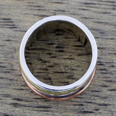 Sterling silver meditation spinner ring, 'Spinning Clouds' - Sterling Silver Copper and Brass Indian Spiral Spinner Ring
