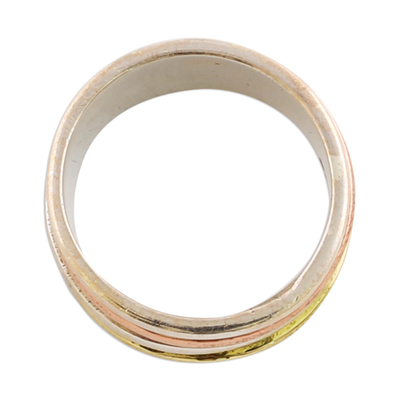 Sterling silver meditation spinner ring, 'Sleek Simplicity' - Simple Sterling Silver Copper and Brass Indian Spinner Ring