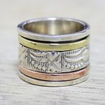 Sterling silver meditation spinner ring, 'Entrancing Nature' - Sterling Silver Copper and Brass Indian Leaf Spinner Ring