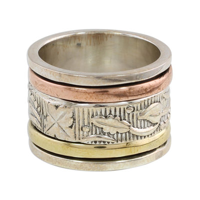 Sterling silver meditation spinner ring, 'Entrancing Nature' - Sterling Silver Copper and Brass Indian Leaf Spinner Ring