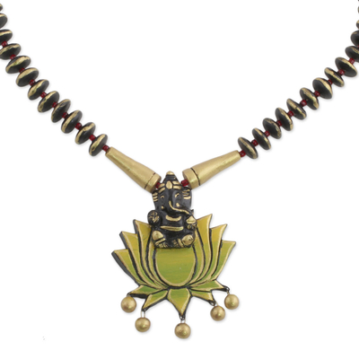 Ceramic pendant necklace, 'Kamal Ganesha' - Ceramic Pendant Necklace of Ganesha with Lotus from India