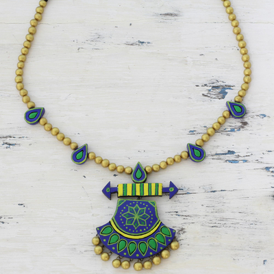 Collar colgante de cerámica - Collar con colgante de cerámica multicolor de artesanos indios