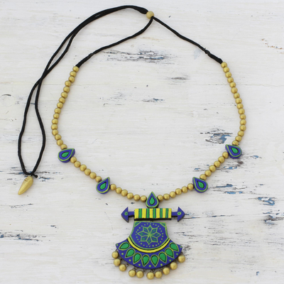 Ceramic pendant necklace, 'Royal Rainfall' - Multicolored Ceramic Pendant Necklace by Indian Artisans