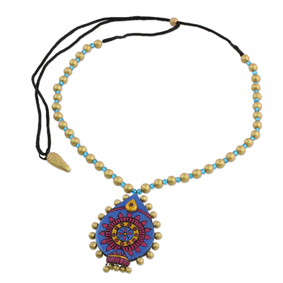 Ceramic pendant necklace, 'Floral Royalty' - Blue and Gold Tone Ceramic Pendant Necklace from India