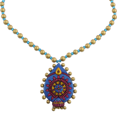 Ceramic pendant necklace, 'Floral Royalty' - Blue and Gold Tone Ceramic Pendant Necklace from India