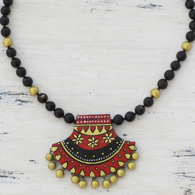 Halskette mit Keramikanhänger - Handbemalte Keramik-Halskette mit Anhänger von indischen Kunsthandwerkern