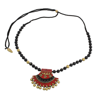 Ceramic pendant necklace, 'Midnight Royalty' - Hand Painted Ceramic Pendant Necklace by Indian Artisans