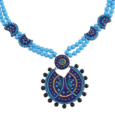 Collar colgante de cerámica - Collar con colgante de cerámica azul diseñado por un artesano indio