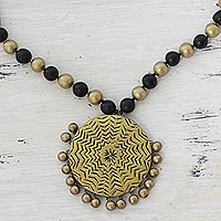 Ceramic pendant necklace, 'Blinking Orbs' - Gold Tone and Black Ceramic Pendant Necklace from India