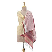 Silk shawl, 'Striped Tomato Vine' - Hand Woven Fringed Silk Shawl in Straw and Tomato from India
