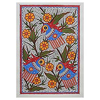 Madhubani painting, 'Jovial Parrots' - Traditional Indian Madhubani Painting of Parrots and Birds