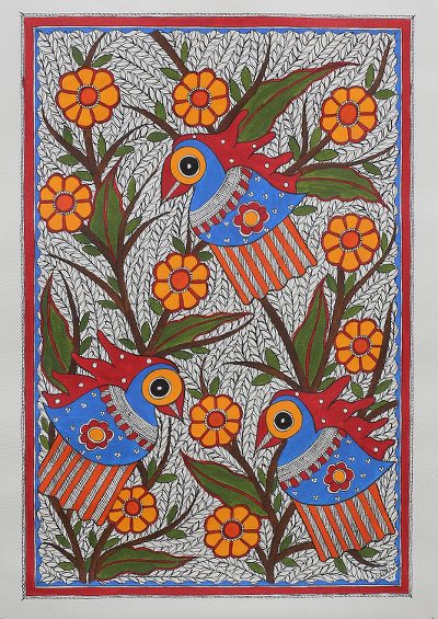 Madhubani painting, 'Jovial Parrots' - Traditional Indian Madhubani Painting of Parrots and Birds