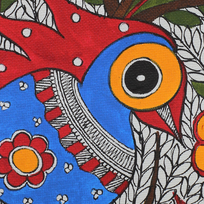 Madhubani painting, 'Jovial Parrots' - Traditional Indian Madhubani Painting of Parrots and Birds