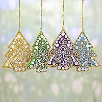 Embroidered ornaments, 'colourful Holiday' (set of 4) - 4 Tree Shaped Multicoloured Embroidered Ornaments from India