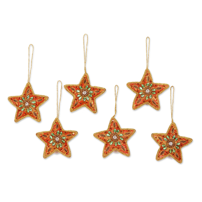 Embroidered ornaments, 'Stellar Christmas' (set of 6) - Set of 6 Star Christmas Ornaments from India
