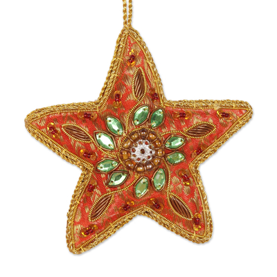 Adornos bordados, 'Navidad estelar' (juego de 6) - Juego de 6 adornos navideños estrella de la India