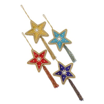 Beaded ornaments, 'Glistening Stars' (set of 4) - 4 Star Shaped Multicolored Embroidered Ornaments from India