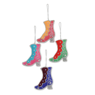 Beaded ornaments, 'Colorful Boots' (set of 4) - Set of Four Beaded Embroidered Boot Ornaments from India