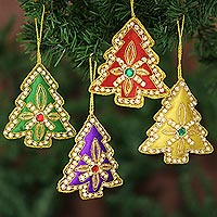 Beaded ornaments, 'Colorful Trees' (set of 4) - Set of Four Multicolored Christmas Tree Ornaments from India