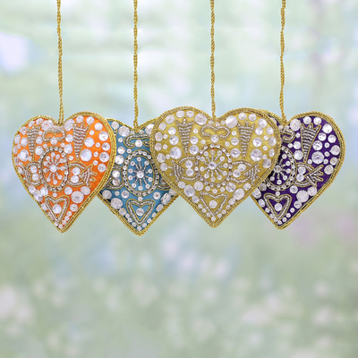 Beaded ornaments, 'Colorful Hearts' (set of 4) - 4 Heart Shaped Multicolored Embroidered Ornaments from India