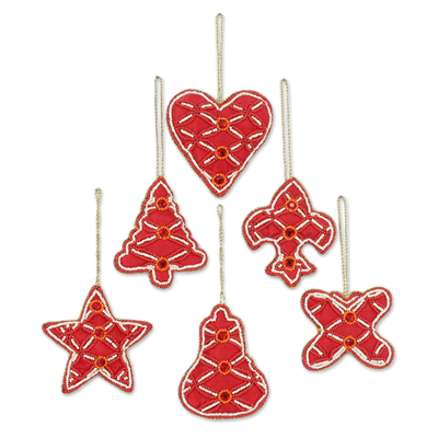 Beaded ornaments, 'Christmas Party in Red' (set of 6) - Set of Six Beaded Christmas Ornaments in Red from India