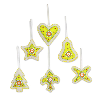 Perlenornamente, (6er-Set) - Set aus sechs Perlen-Weihnachtsornamenten in Zitronengelb und Weiß