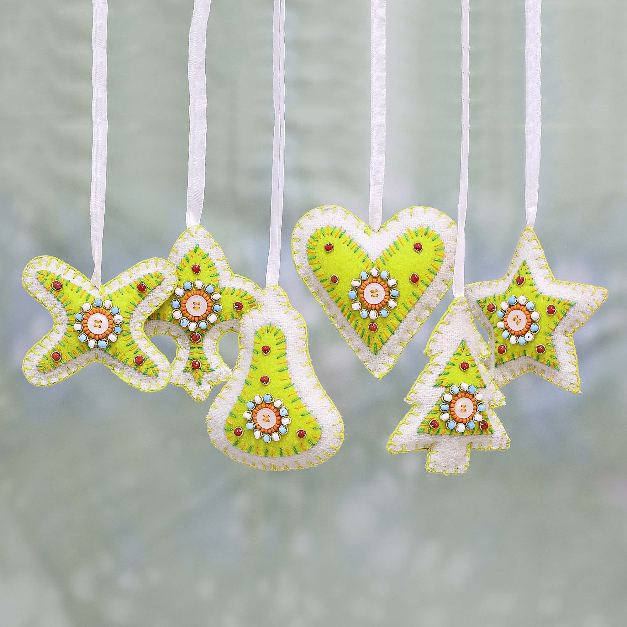 Set of Six Beaded Christmas Ornaments in Citron and White - Christmas ...