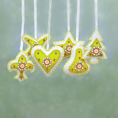 Beaded ornaments, 'Christmas Party in Citron' (set of 6) - Set of Six Beaded Christmas Ornaments in Citron and White