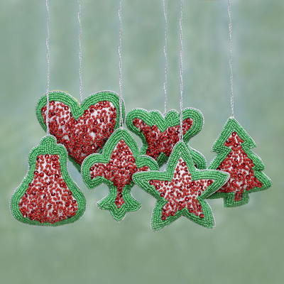 Beaded ornaments, 'Christmas Party' (set of 6) - Set of Six Indian Christmas Ornaments in Red and Green