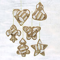 Beaded ornaments, 'Christmas Party in Gold' (set of 6) - Set of Six Beaded Christmas Ornaments in Gold and White