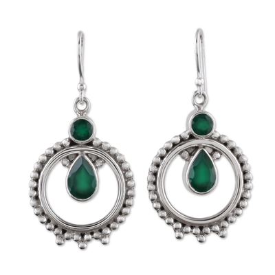 Onyx dangle earrings, 'Regal Circles' - Green Onyx and Sterling Silver Dangle Earrings from India