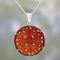 Carnelian pendant necklace, 'Floral Dots' - Handcrafted Floral Carnelian Pendant Necklace from India