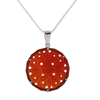 Carnelian pendant necklace, 'Floral Dots' - Handcrafted Floral Carnelian Pendant Necklace from India