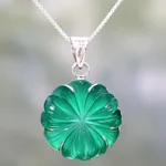 Onyx pendant necklace, 'Green Petals' - Green Onyx and Silver Floral Pendant Necklace from India