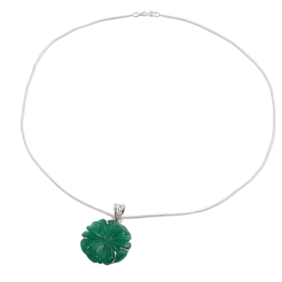 Onyx pendant necklace, 'Green Petals' - Green Onyx and Silver Floral Pendant Necklace from India
