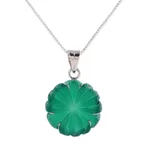 Onyx pendant necklace, 'Green Petals' - Green Onyx and Silver Floral Pendant Necklace from India