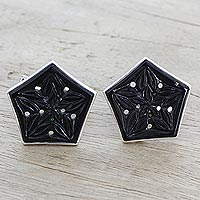 Onyx cufflinks, 'Pentagon Blossoms' - Onyx and Sterling Silver Floral Cufflinks from India