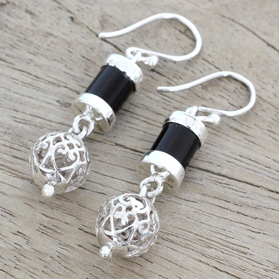 Onyx dangle earrings, 'Jali Globes' - Onyx and Sterling Silver Dangle Earrings from India