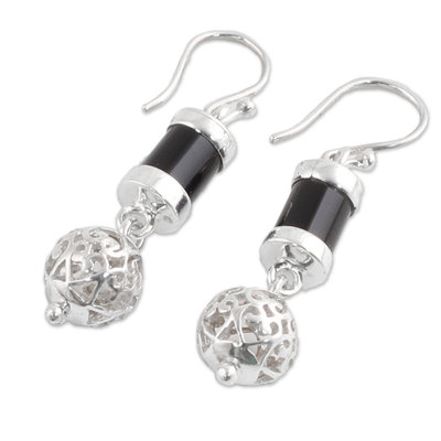 Onyx dangle earrings, 'Jali Globes' - Onyx and Sterling Silver Dangle Earrings from India