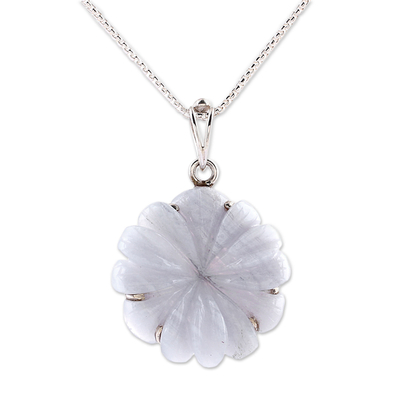 Agate pendant necklace, 'Frosty Flower' - Agate and Sterling Silver Floral Pendant Necklace from India