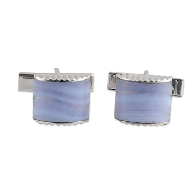 Agate cufflinks, 'Subtle Blue Waves' - Blue Lace Agate Silver 925 Cufflinks by Indian Artisans