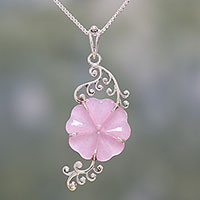 Quartz pendant necklace, 'Pink Floral Vine' - Hand Crafted Quartz Floral Pendant Necklace from India