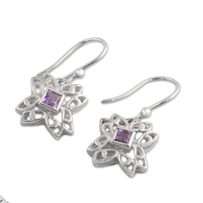 Amethyst dangle earrings, 'Jali Charm' - Amethyst and Sterling Silver Dangle Earrings from India