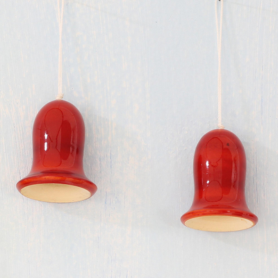 Wood ornaments, 'Colorful Bells' (set of 4) - Orange and Red Wood Bell Ornaments by Indian Artisans